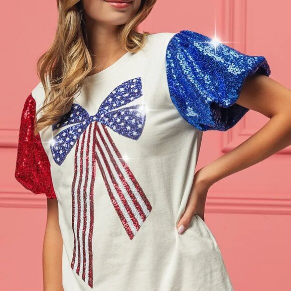 BiBi Sequin American Flag Bow Top - Picture 1 of 16